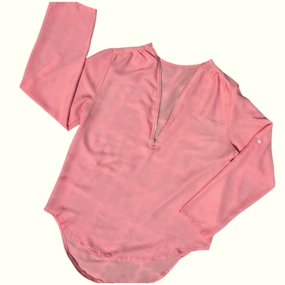 🟨 ☆ NWOT ☆ Sheer Pink Pull-Sleeve V-Neck Chiffon Blouse w Zipper Large - Picture 2 of 8